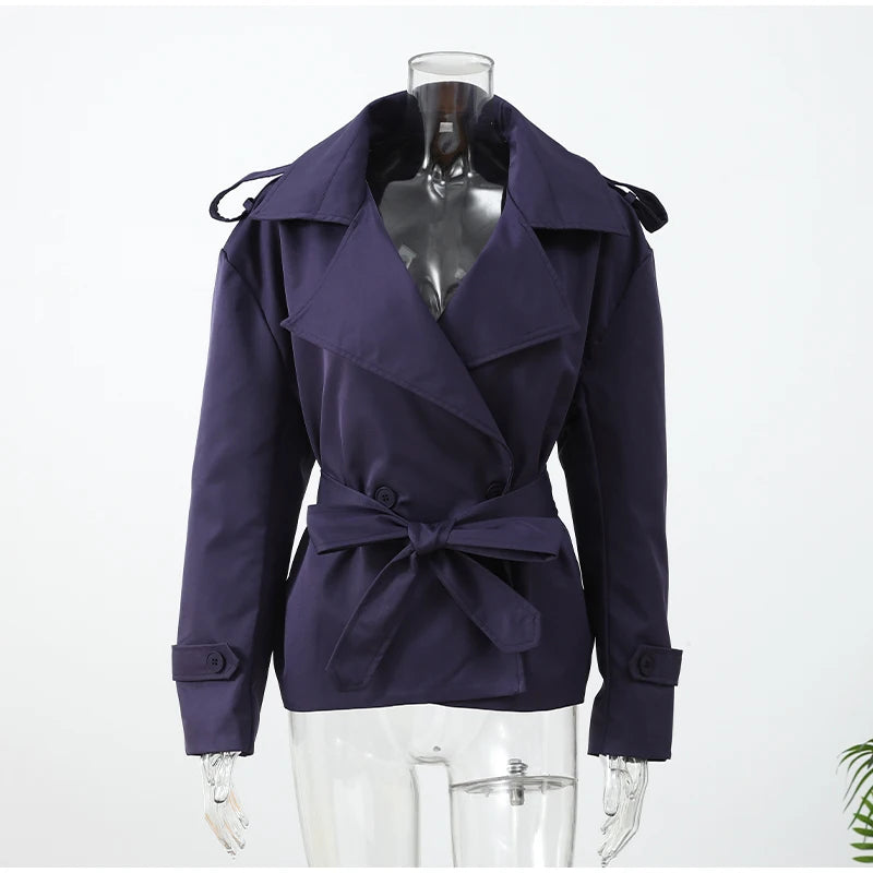 Solid Laepl Lace Up Trench Coat Women Fashion Full Sleeve Waist Cinching Short Windbreak 2026 New Autumn Office Commute Outwear