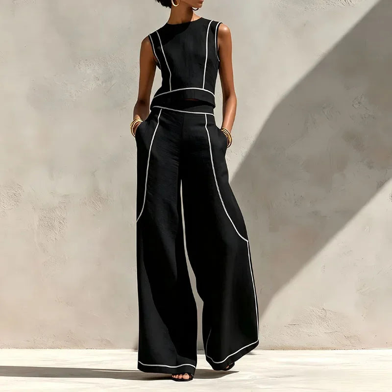 Vintage Striped Print Two Piece Suit Women Sleeveless Crop Vest Top Pocket High Waist Wide Leg Pants Sets Elegant Outfits