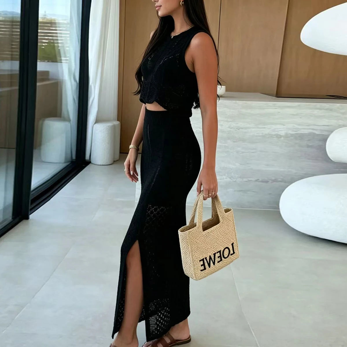 Knitted Sleeveless Top and Split Skirt Set, Beach Vacation Fashion