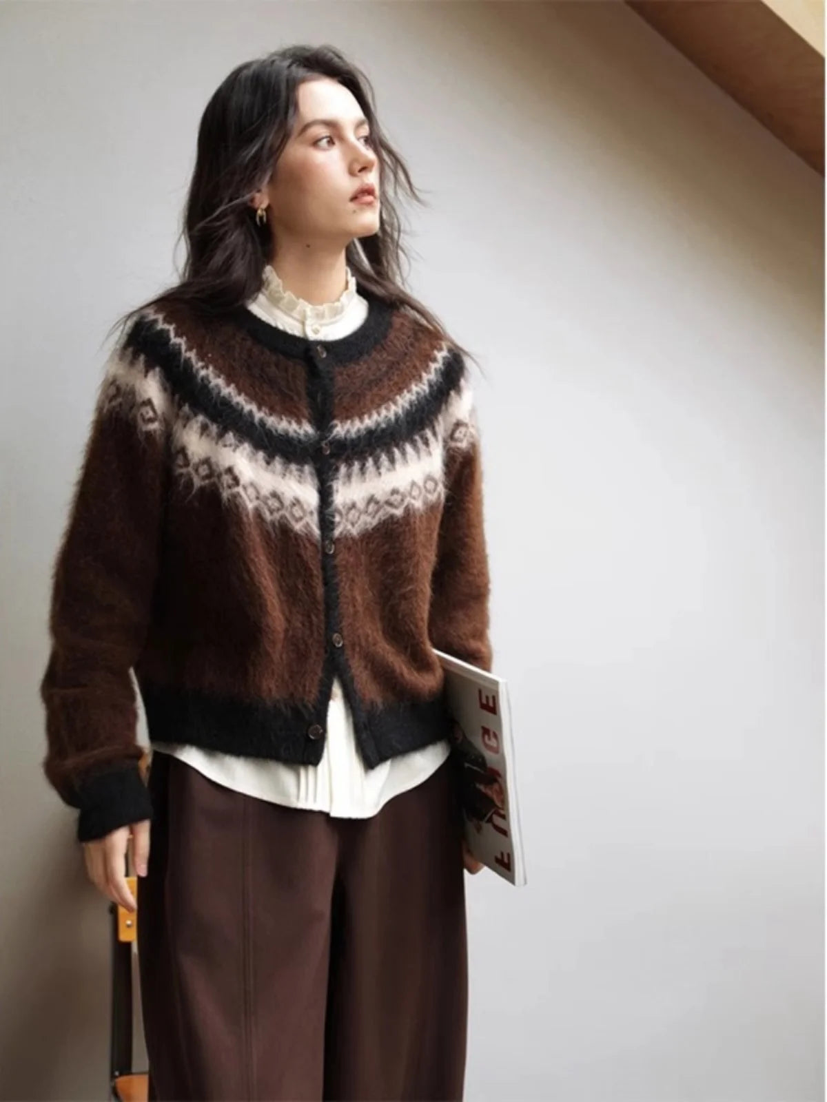 Nordic Style Womens Knitted Cardigan Sweater Alpaca Wool Retro Winter Autumn Color Block Jacquard Long Sleeve Casual Top