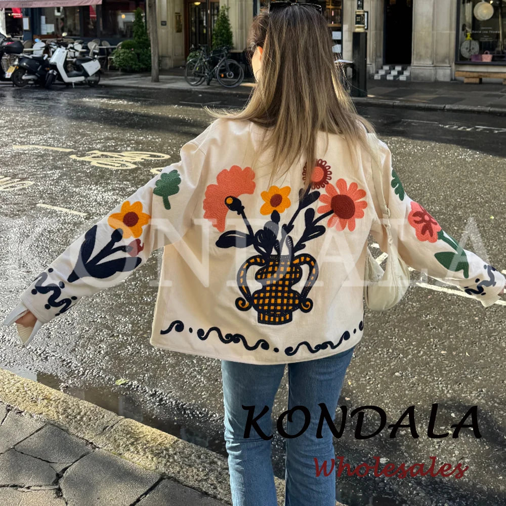 KONDALA Chic 2026 Vintage Autumn Modern Flower Embroidery Jacket Streetwear Pockets Single Breasted Loose Casual Female Outwear