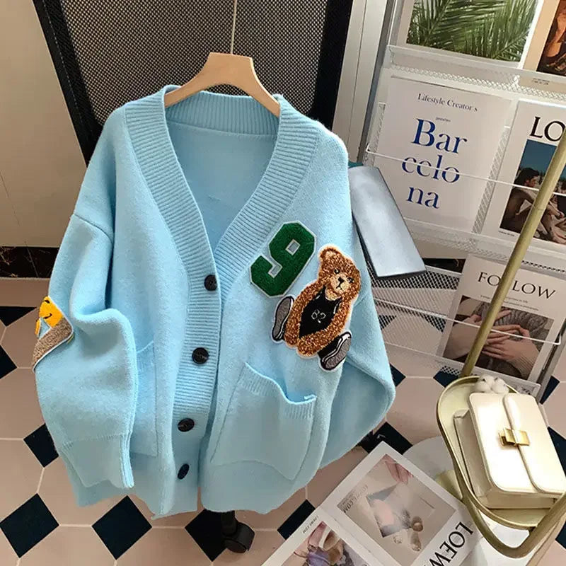 Women Print Button Cardigan Sweaters V Neck Splice Knit Thick Jumpers Casual Loose Long Sleeve Elegant Lady Autumn Winter