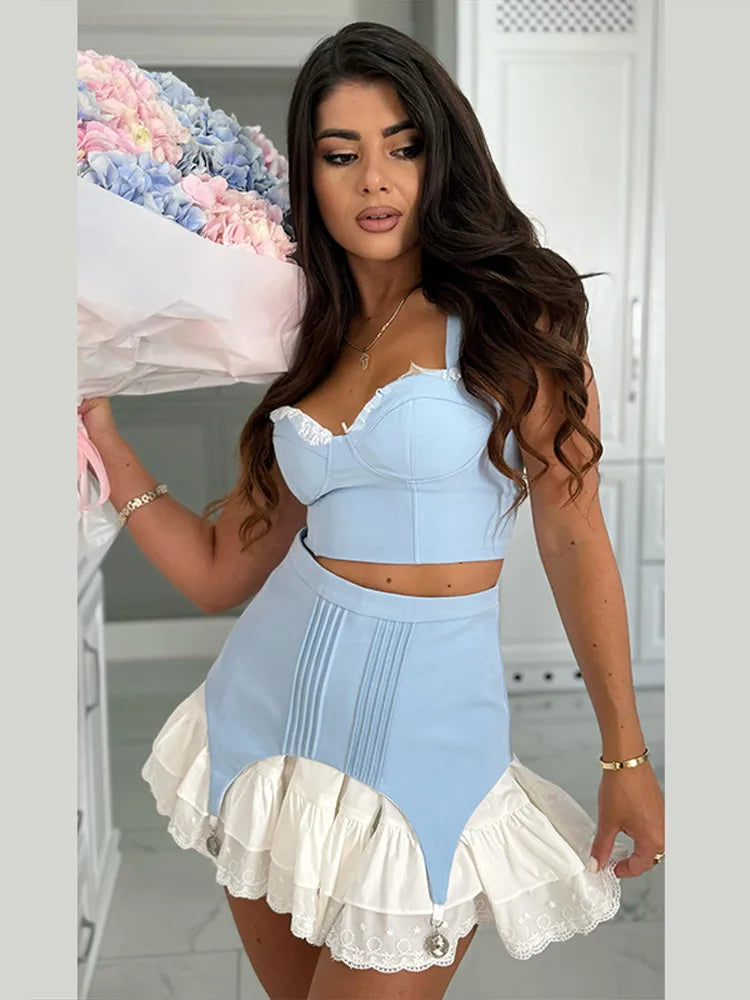 Elegant Lace Patchwork Top Skirts 2 Pieces Women Slip Strap Tanks