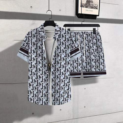 Men's Casual 2-Piece Shirt and Shorts Set, Plus Size Letter Print