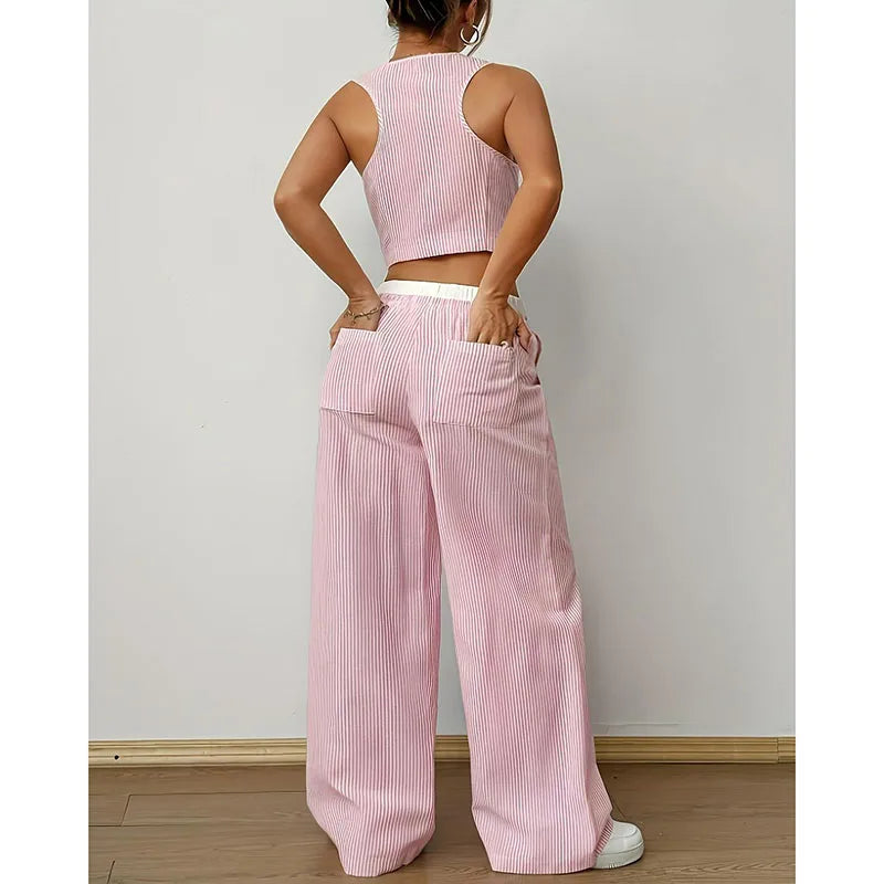 2026 New Elegant Striped Sleeveless V-Neck Vest + Waist Contrast Color Trousers Two-Piece Set Summer Women Sets Fashion Suit Top