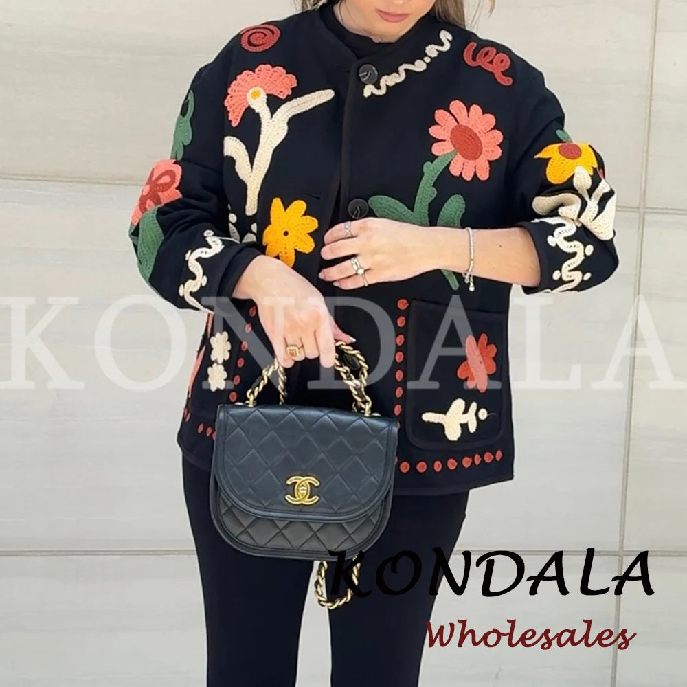 KONDALA Chic 2026 Vintage Autumn Modern Flower Embroidery Jacket Streetwear Pockets Single Breasted Loose Casual Female Outwear