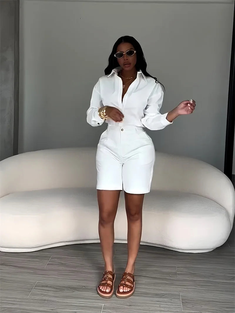 Doyerl Solid Elegant Fashion Two Piece Set Women Clothing Casual Long Sleeve Shirt Top and Shorts Matching Sets Ensembles Femme
