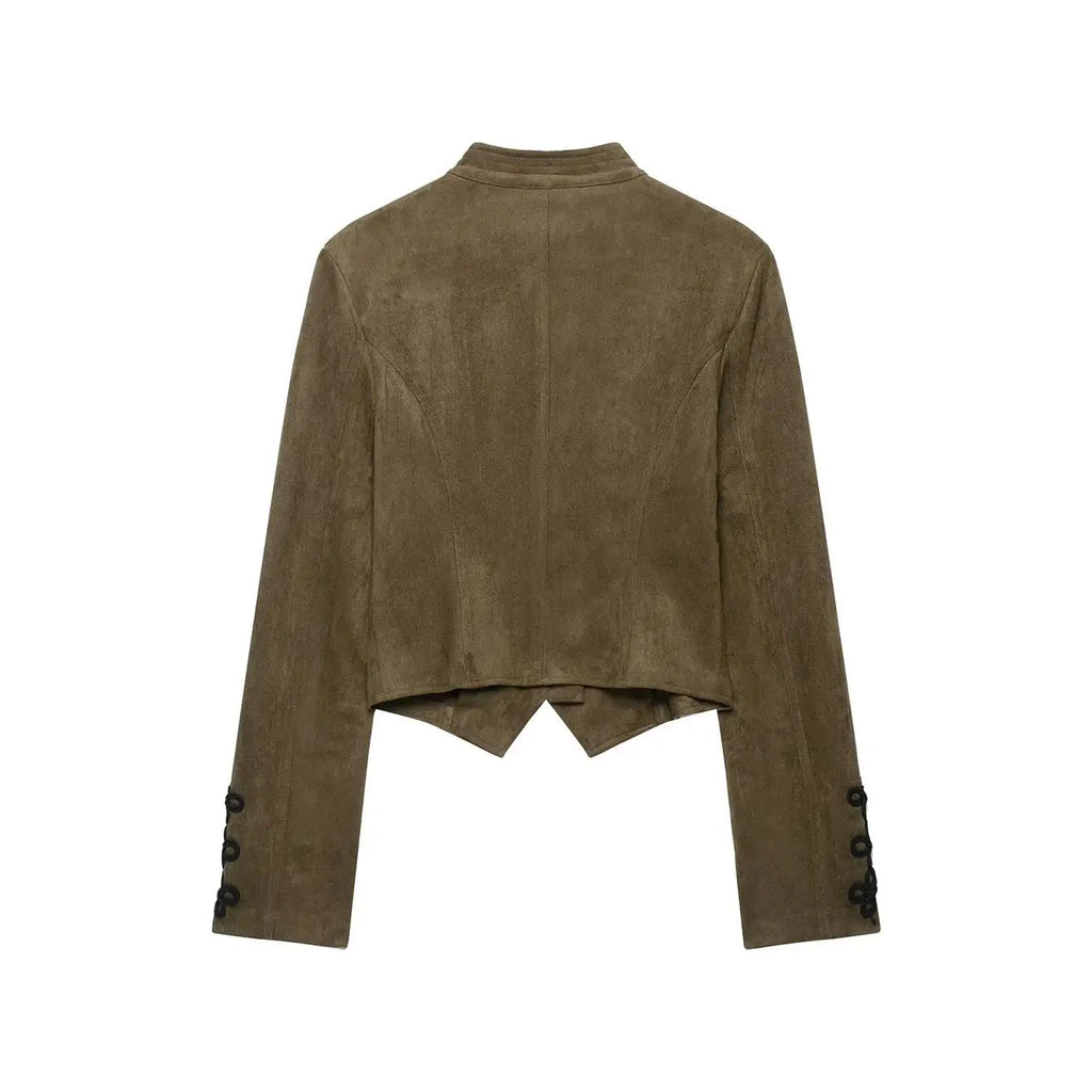 TFMLN 2026 Women Faux Suede Short Jacket Stand Collar Handmade Knot Embroidery Slimming Long Sleeve Outerwear Fashion Retro