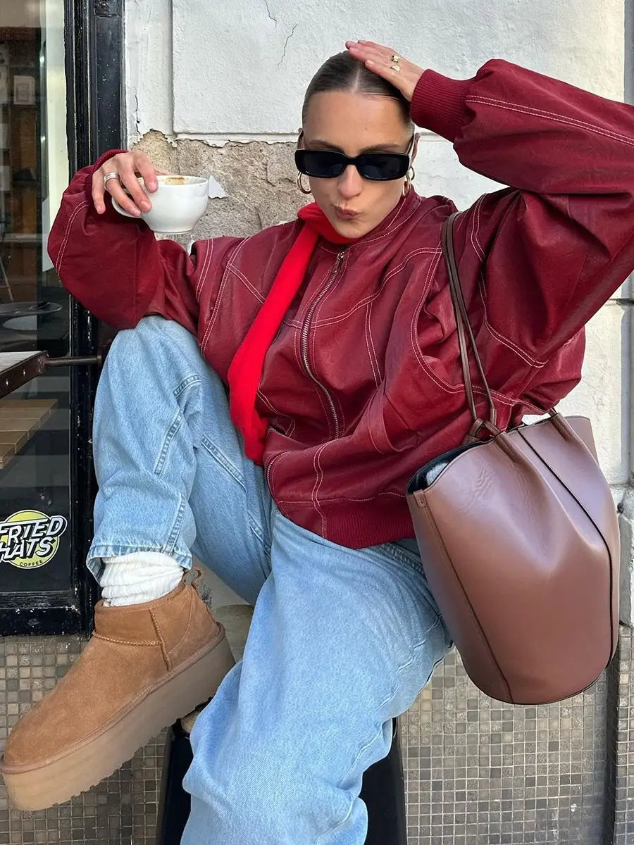 Autumn Winter Women's Vintage PU Jacket Street Fashion Zipper Leather Jacket Coat Handsome Patchwork Lapel Long Sleeve Outerwear
