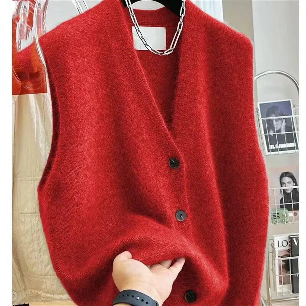 2025 NEW Women V-neck Sweater Vest Coat Female Fashion Sleeveless Knitted Cardigan Sweaters Vests Korean Style Clothes Top