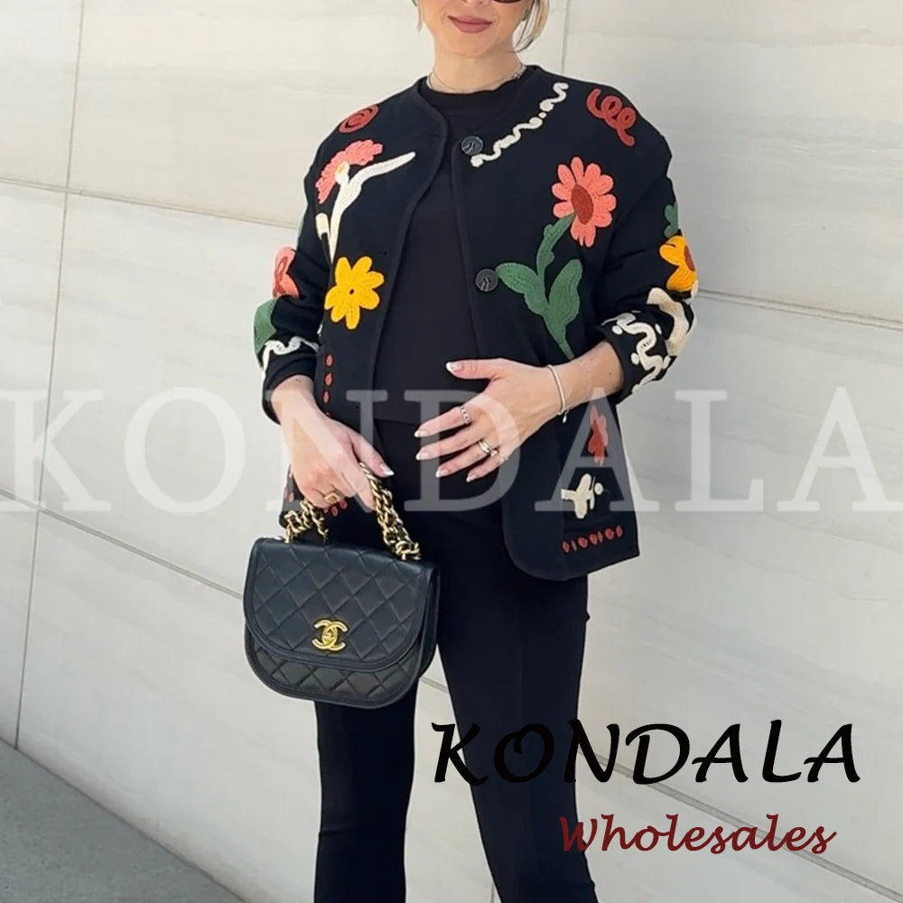 KONDALA Chic 2026 Vintage Autumn Modern Flower Embroidery Jacket Streetwear Pockets Single Breasted Loose Casual Female Outwear
