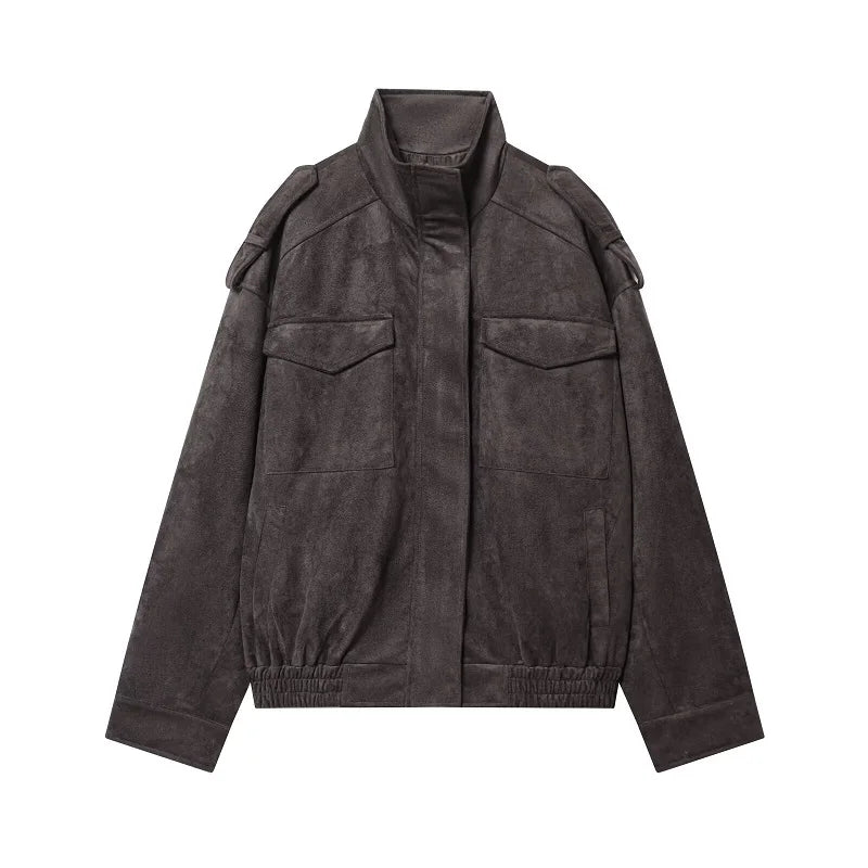 MUJER Suede Bomber Jacket Woman Oversized Demi-season Jackets for Women Outerwears Winter Overcoat Female Zip Women's Jackets