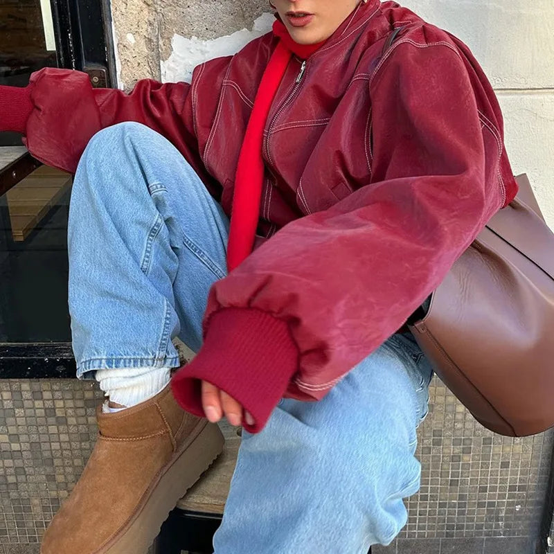 Autumn Winter Women's Vintage PU Jacket Street Fashion Zipper Leather Jacket Coat Handsome Patchwork Lapel Long Sleeve Outerwear