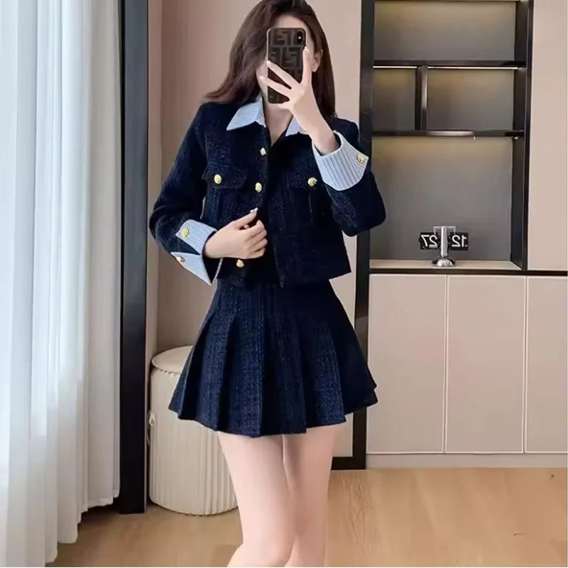 Korean High-End Small Fragrance Style Woolen Skirt Set Women's Autumn Winter Thicken Pleated Short Skirt Two-Piece Set