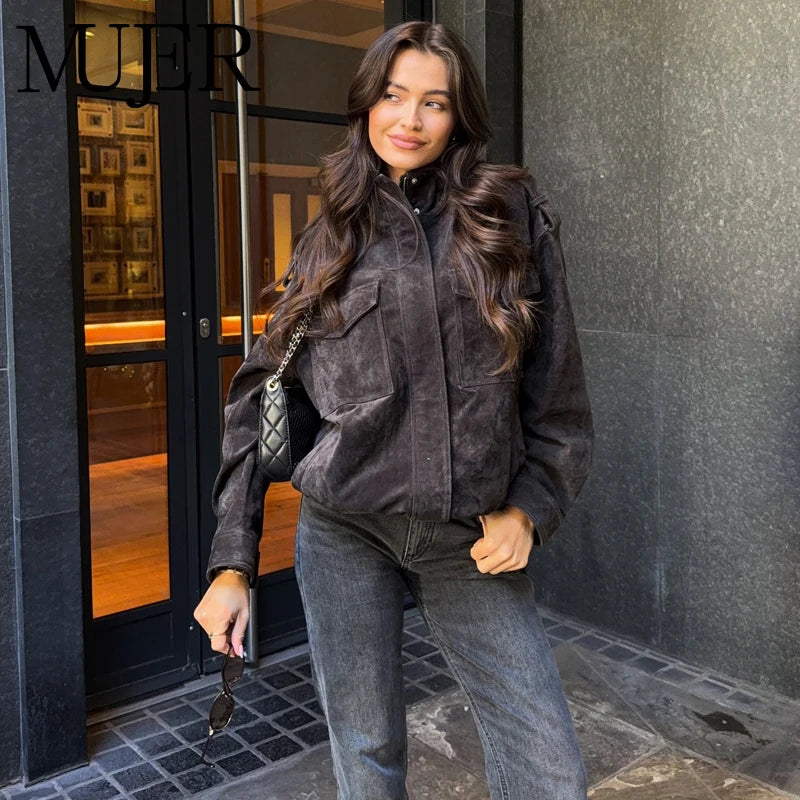 MUJER Suede Bomber Jacket Woman Oversized Demi-season Jackets for Women Outerwears Winter Overcoat Female Zip Women's Jackets