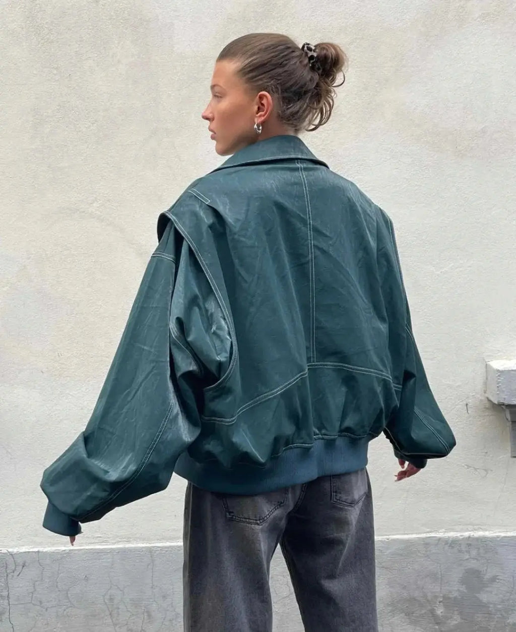 Autumn Winter Women's Vintage PU Jacket Street Fashion Zipper Leather Jacket Coat Handsome Patchwork Lapel Long Sleeve Outerwear