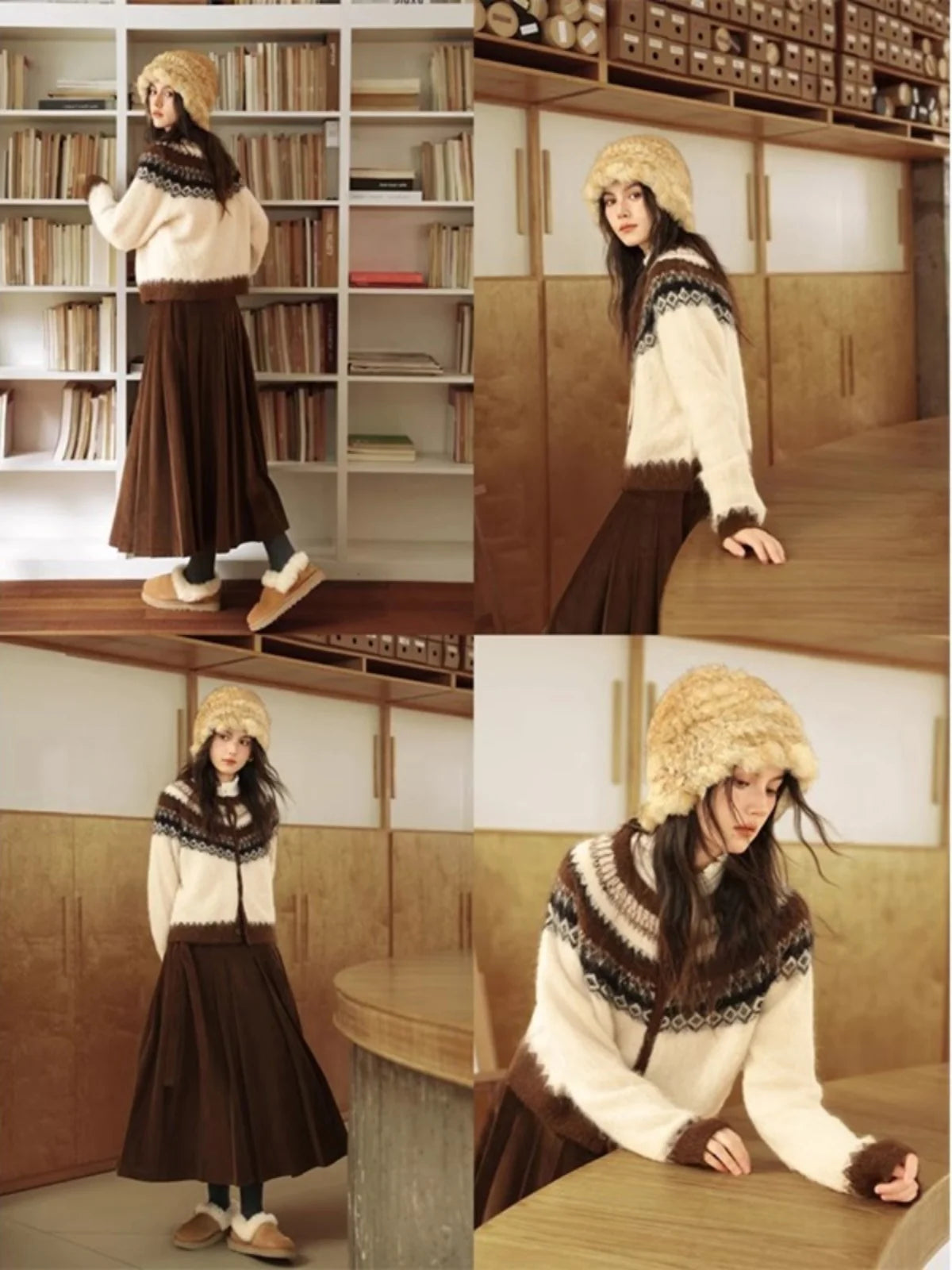Nordic Style Womens Knitted Cardigan Sweater Alpaca Wool Retro Winter Autumn Color Block Jacquard Long Sleeve Casual Top