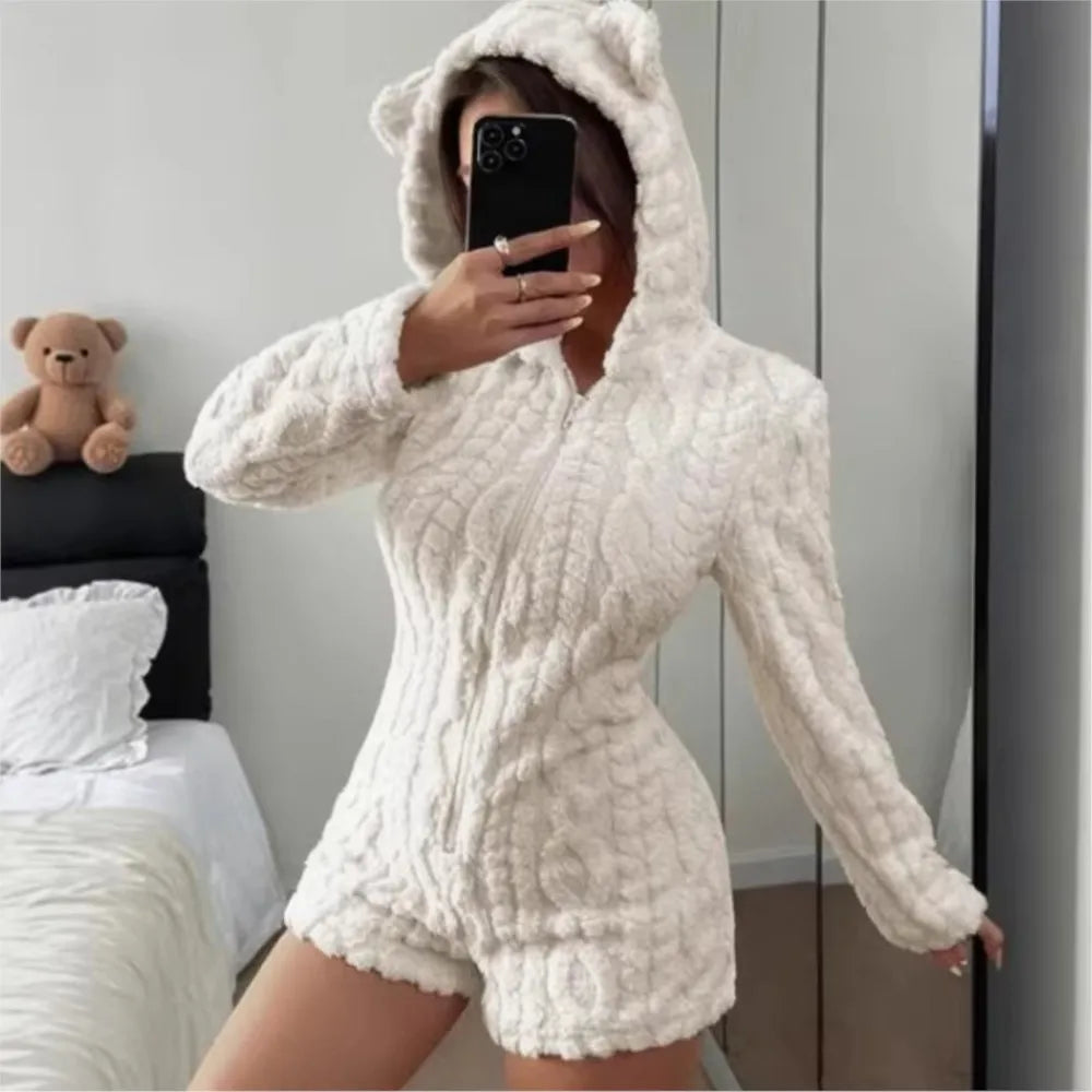 Autumn Winter Plush Hoody Women's Jumpsuit Shorts 2026 New Fashion Embroidered Animal Bear Female Casual Home Wear Plush Rompers