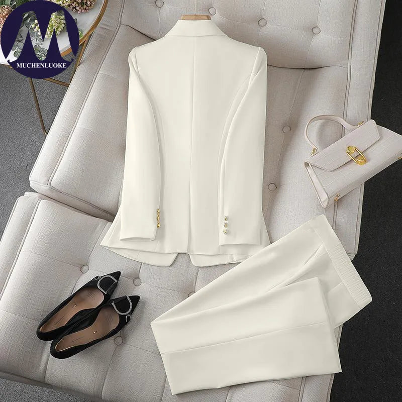 Women's Korean Fashion Two-Piece Set Long Sleeve Blazer And Wide Leg