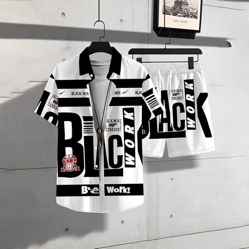 Men's Casual 2-Piece Shirt and Shorts Set, Plus Size Letter Print