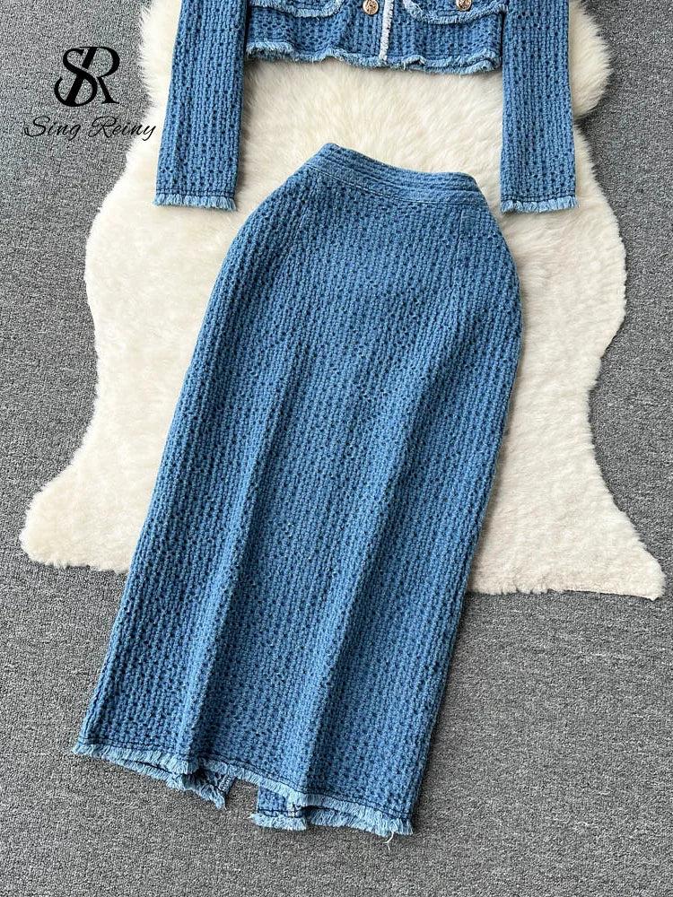 SINGREINY Women Office Lady Denim Suits 2023 Long Sleeves Autumn Blouse+Split Long Skirt Vintage Fashion Jeans Two Pieces Sets
