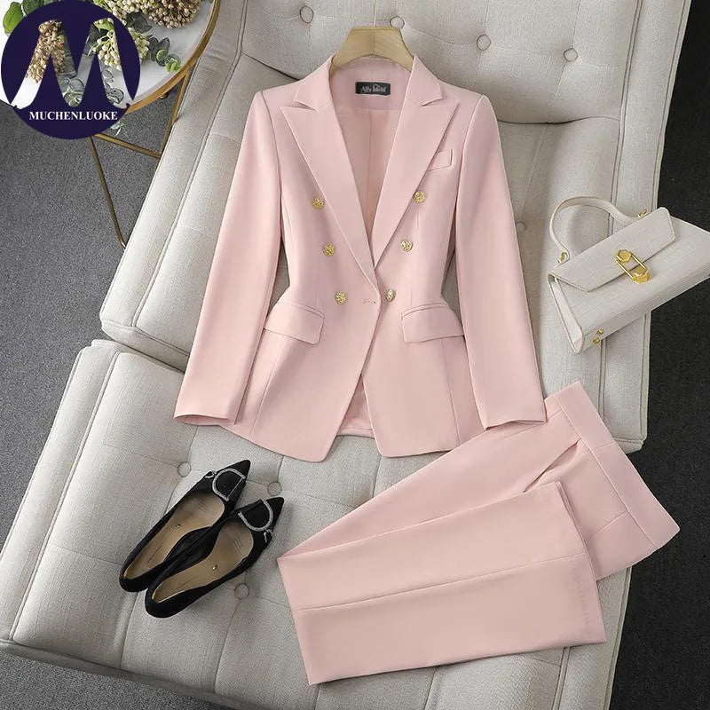 Women's Korean Fashion Two-Piece Set Long Sleeve Blazer And Wide Leg