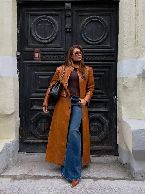 Trendy High Neck Croc Embossed Faux Leather Long Coat Single Breasted