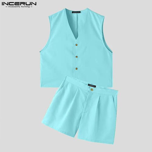 INCERUN Men Sets Solid Color V Neck Sleeveless Crop Vests & Shorts Two