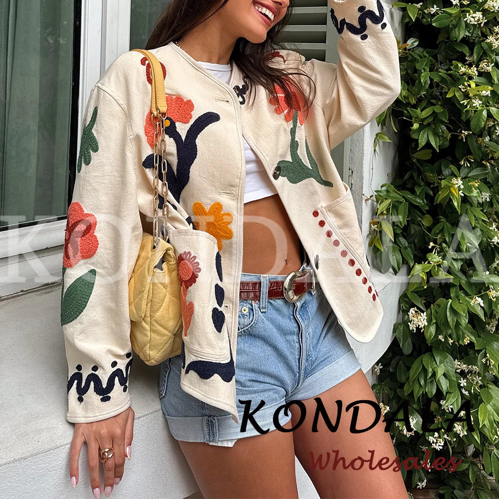 KONDALA Chic 2026 Vintage Autumn Modern Flower Embroidery Jacket Streetwear Pockets Single Breasted Loose Casual Female Outwear