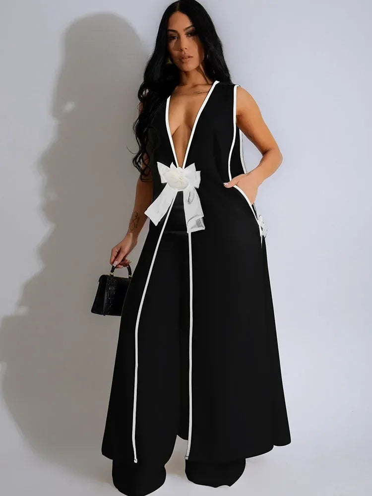 Bow Tie Appliques V-neck Sleeveless Long Top and Wide Leg Pants