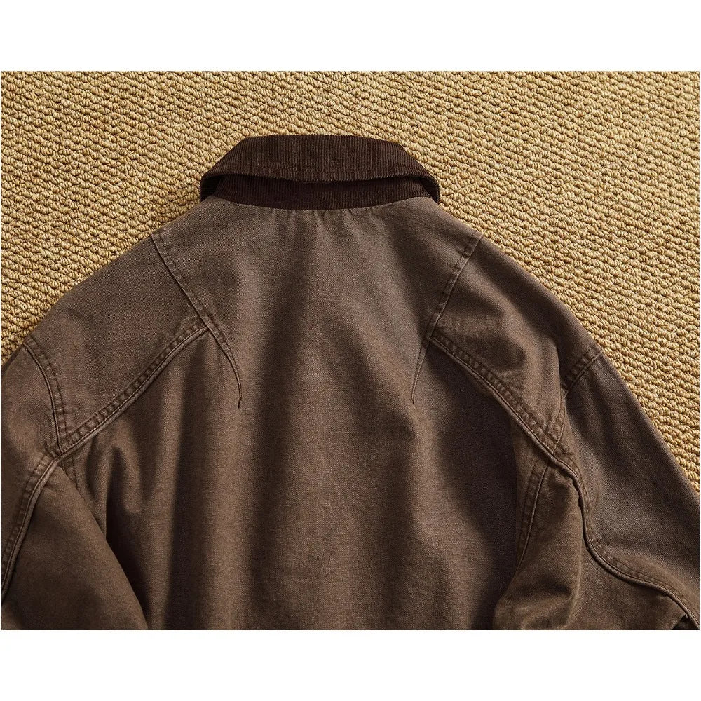 Men's new vintage washed distressed jacket corduroy lapel work jacket