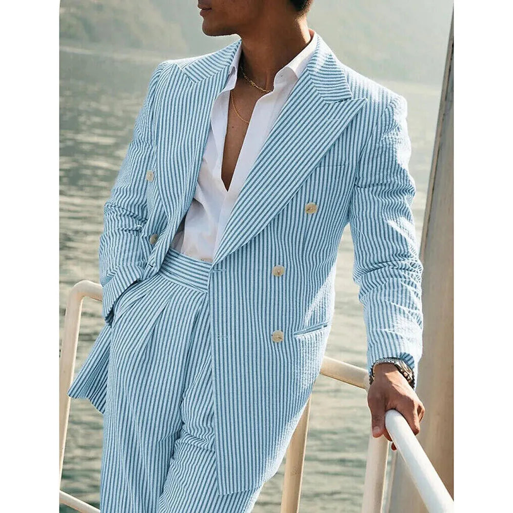 Light Pink Vertical Stripes Suits for Men Two-piece Set Summer Comfortable Linen Cotton Fabric Mens Suit for Casual Beach Party