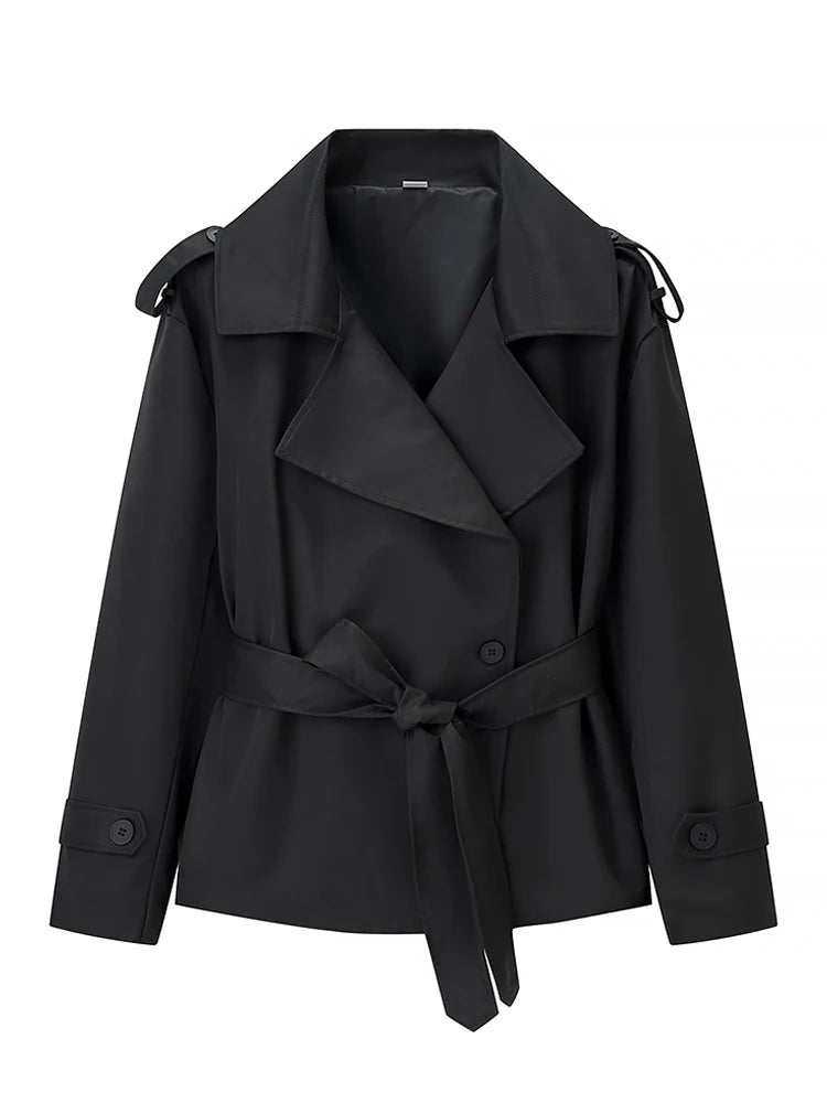 Solid Laepl Lace Up Trench Coat Women Fashion Full Sleeve Waist Cinching Short Windbreak 2026 New Autumn Office Commute Outwear