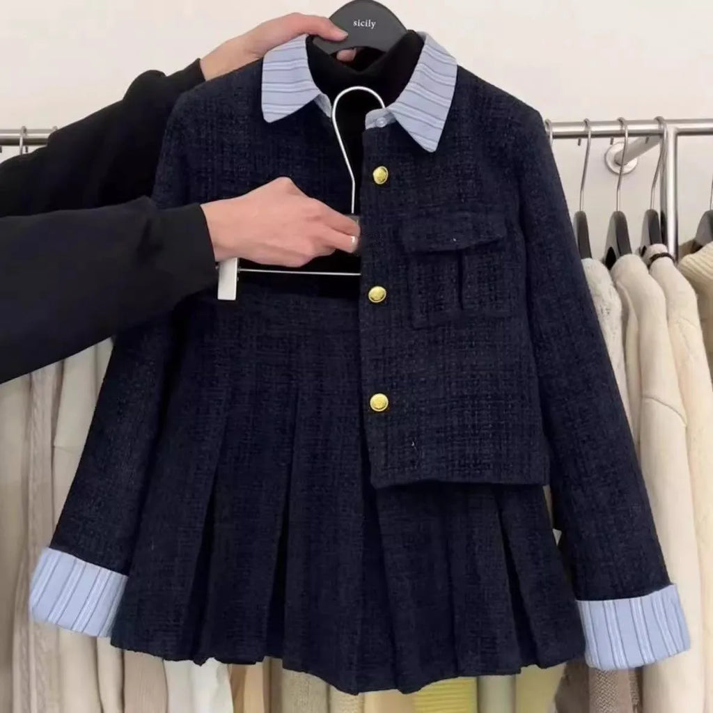 Korean High-End Small Fragrance Style Woolen Skirt Set Women's Autumn Winter Thicken Pleated Short Skirt Two-Piece Set