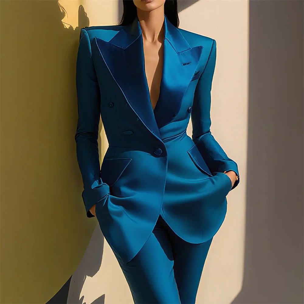 Wedding Guset Suits for Women Elegant Double-breasted Wide Peaked Lapel 2Pieces(Jacket+Pants) Bride Mother Groom Blazer Set