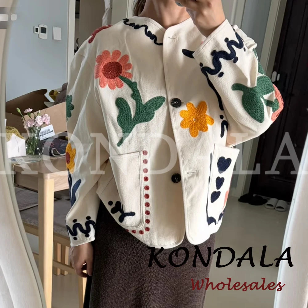 KONDALA Chic 2026 Vintage Autumn Modern Flower Embroidery Jacket Streetwear Pockets Single Breasted Loose Casual Female Outwear