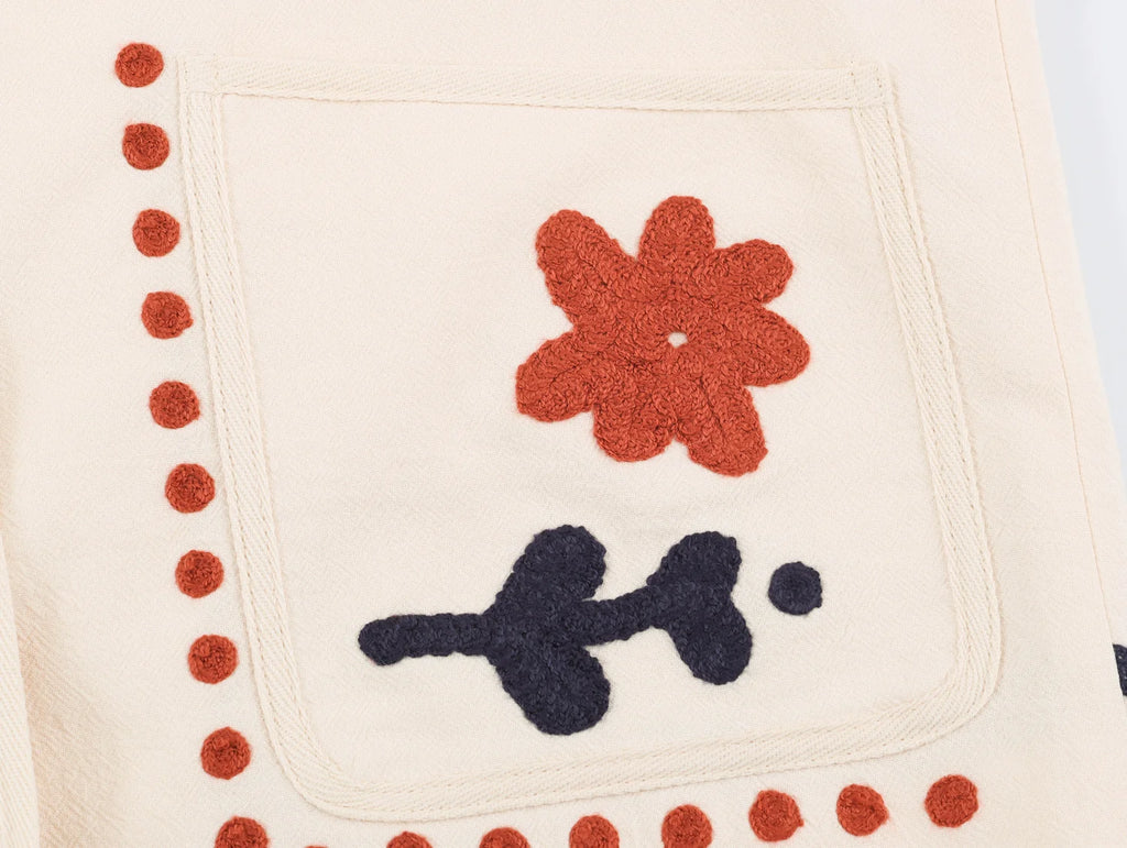 KONDALA Chic 2026 Vintage Autumn Modern Flower Embroidery Jacket Streetwear Pockets Single Breasted Loose Casual Female Outwear