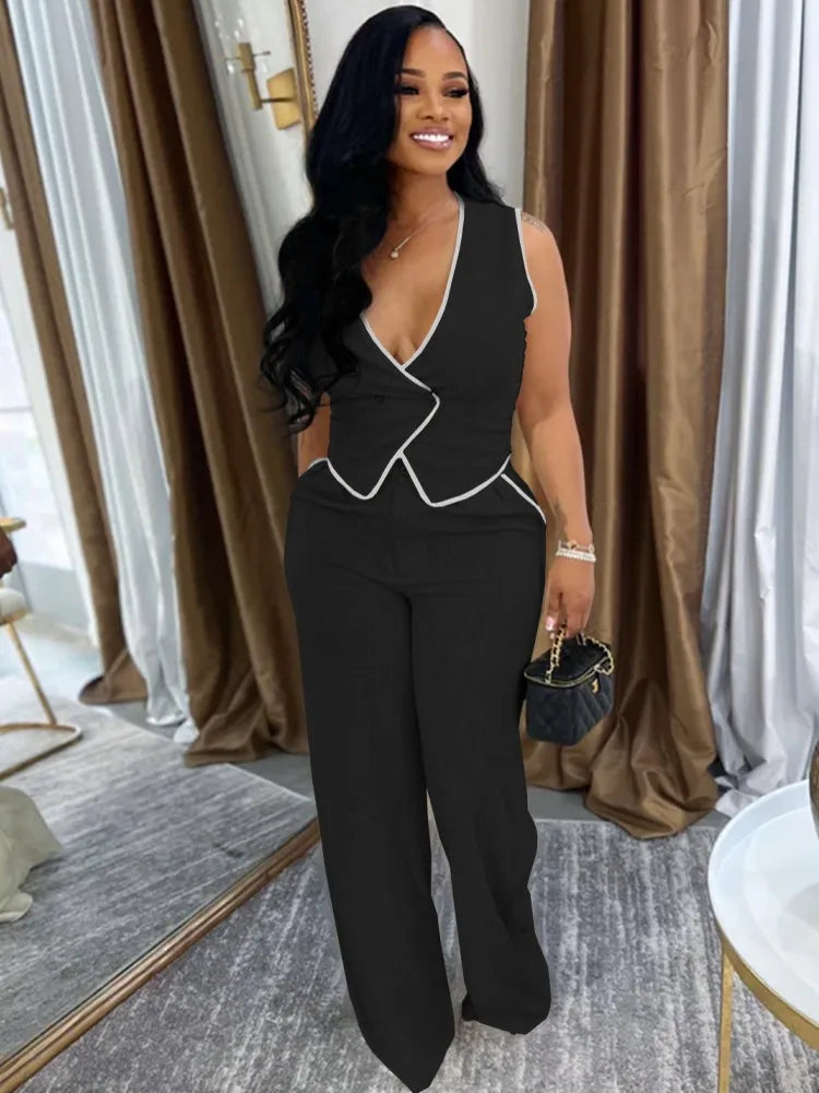 2 Piece Women Sets 2025 Summer Autumn New Arrival Matching Sets Black Color Two Pieces Sets Top Pants Suits Outfits Clothing