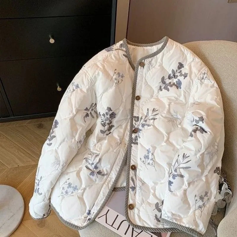 Vintage Floral Printed Cotton Coat Women's Clothing Trend Warm Autumn Winter Cotton-padded Jacket Light Thin Tops Long Sleeve