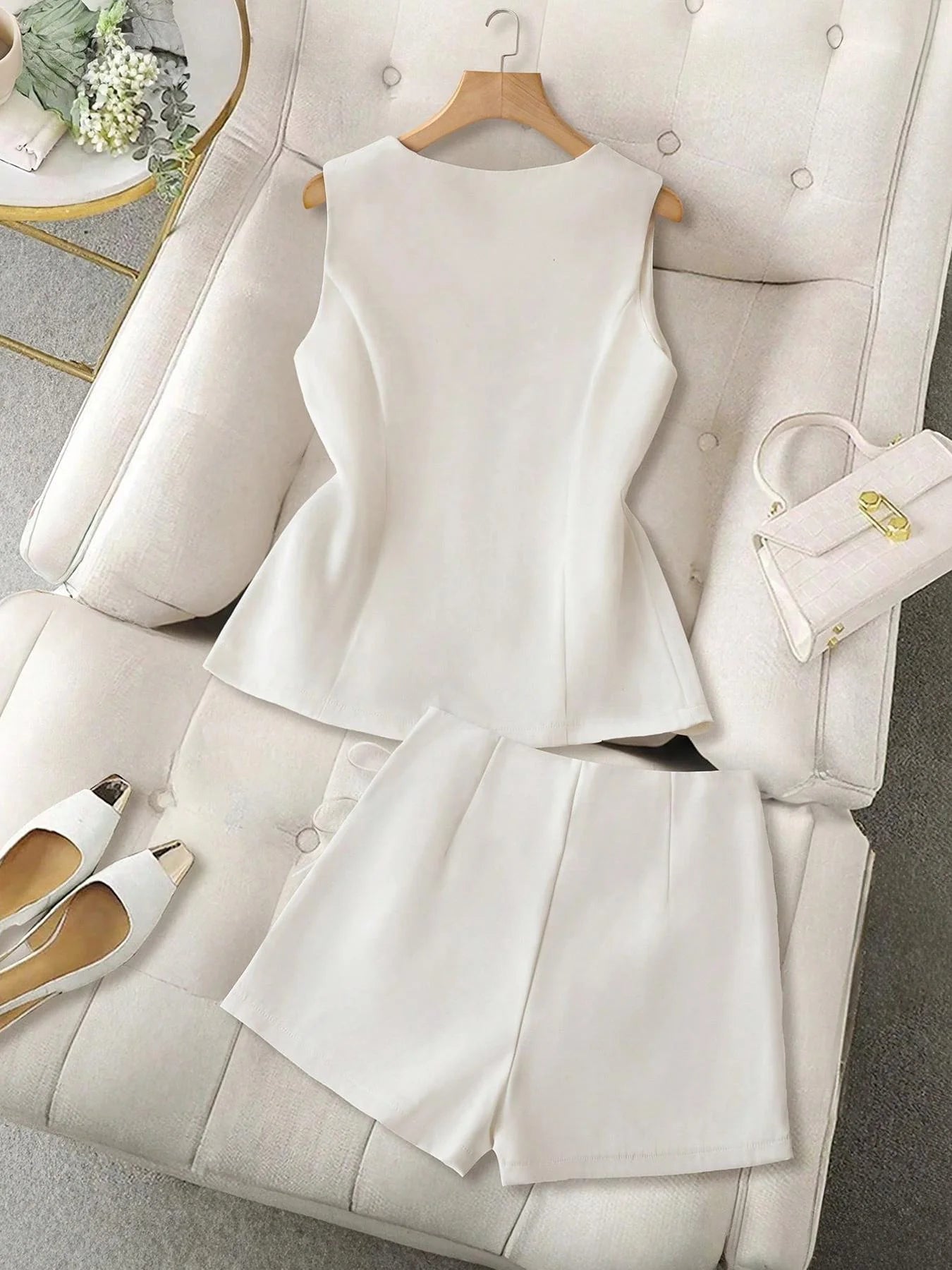 Women's Two-Piece Set, Business Style Blazer Design, Sleeveless Top +
