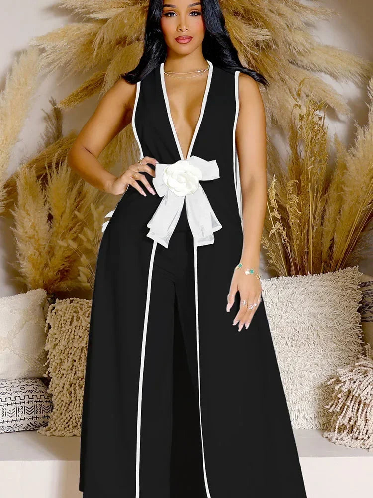 Bow Tie Appliques V-neck Sleeveless Long Top and Wide Leg Pants