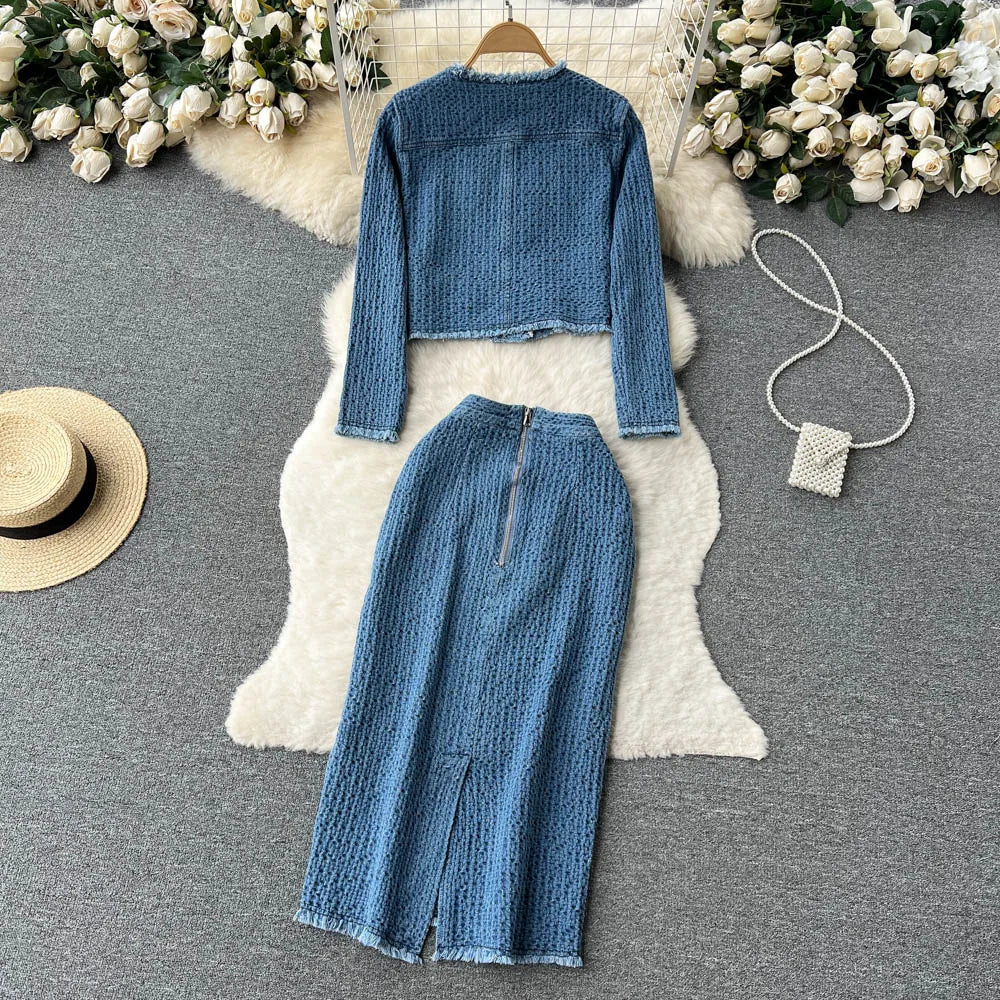 SINGREINY Women Office Lady Denim Suits 2023 Long Sleeves Autumn Blouse+Split Long Skirt Vintage Fashion Jeans Two Pieces Sets
