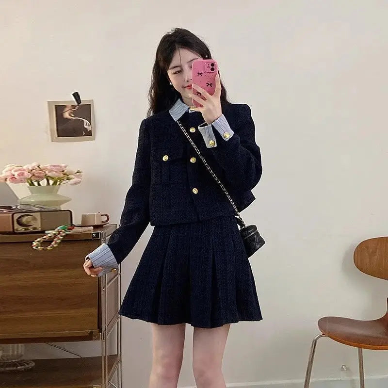 Korean High-End Small Fragrance Style Woolen Skirt Set Women's Autumn Winter Thicken Pleated Short Skirt Two-Piece Set