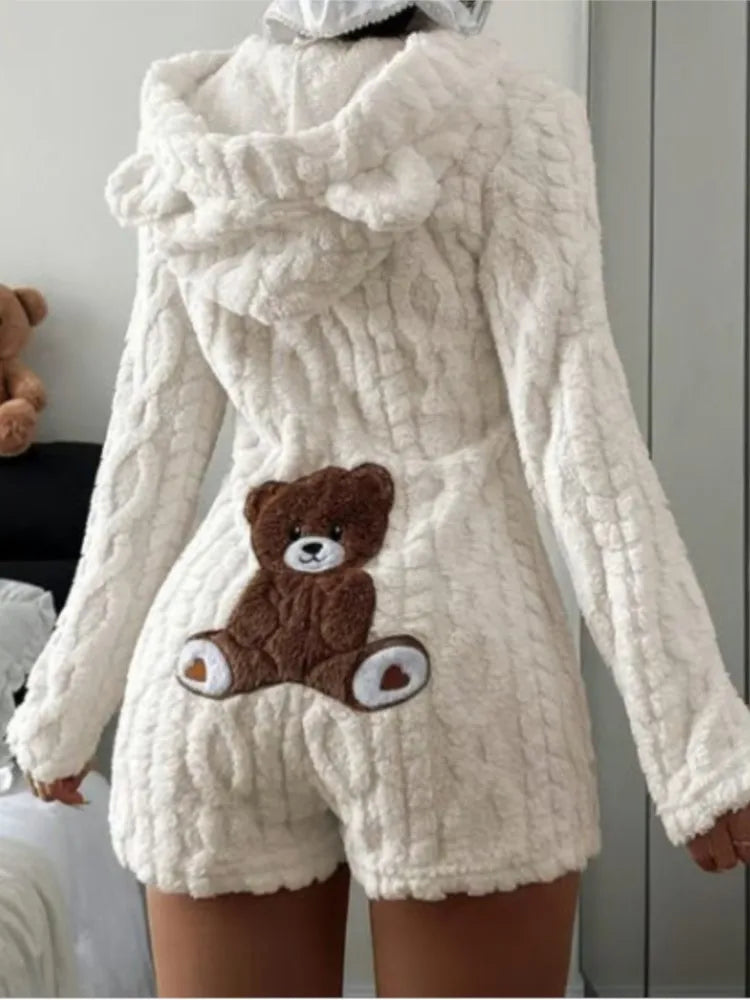 Autumn Winter Plush Hoody Women's Jumpsuit Shorts 2026 New Fashion Embroidered Animal Bear Female Casual Home Wear Plush Rompers