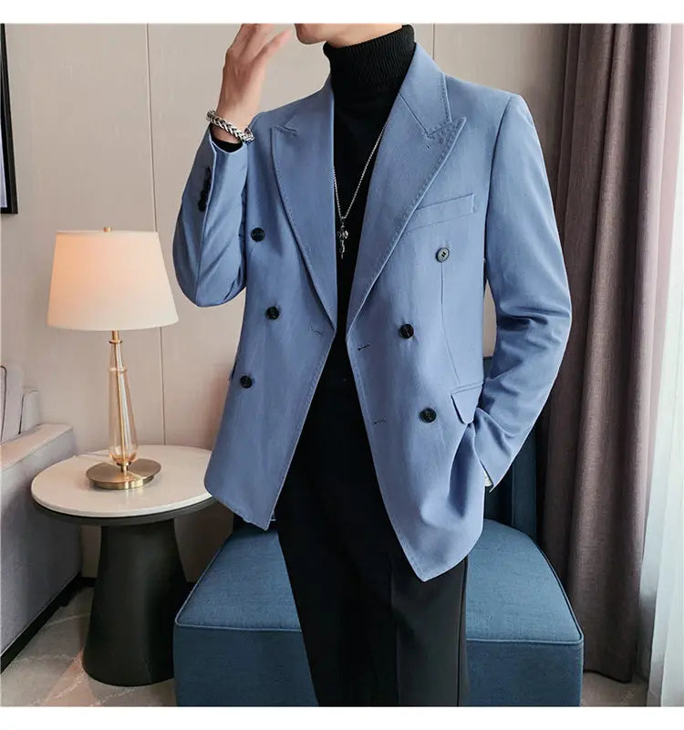 Men Blazer Jackets High Quality Autumn New Double Breasted Men's Striped Blazers Slim Fit Business Formal Wear Suit Coats Male