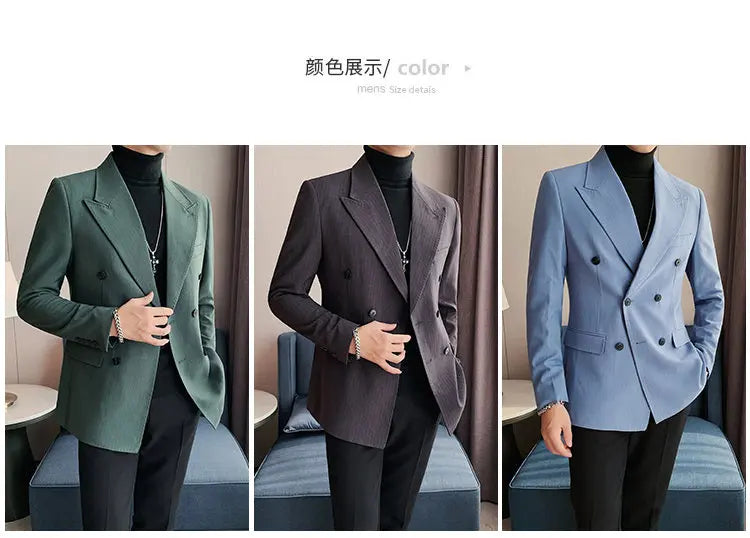 Men Blazer Jackets High Quality Autumn New Double Breasted Men's Striped Blazers Slim Fit Business Formal Wear Suit Coats Male