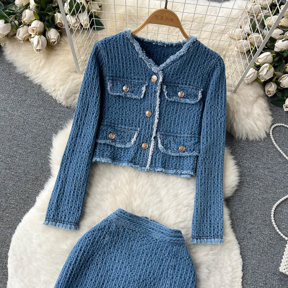 SINGREINY Women Office Lady Denim Suits 2023 Long Sleeves Autumn Blouse+Split Long Skirt Vintage Fashion Jeans Two Pieces Sets
