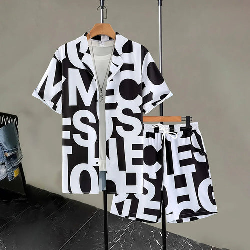 Men's Casual 2-Piece Shirt and Shorts Set, Plus Size Letter Print
