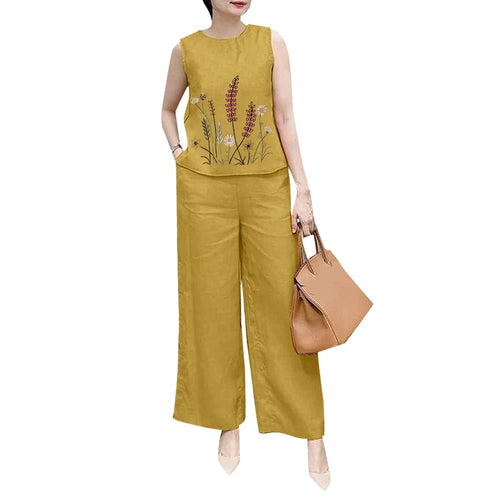 Fashion 2PCS Summer Outfits ZANZEA Sleeveless Embroidery Blouse Pant