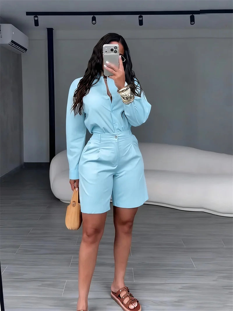 Doyerl Solid Elegant Fashion Two Piece Set Women Clothing Casual Long Sleeve Shirt Top and Shorts Matching Sets Ensembles Femme